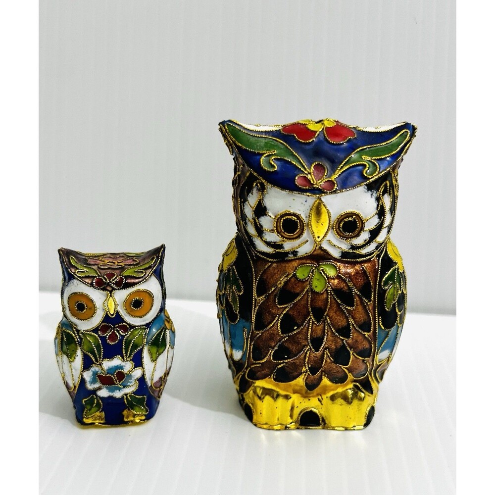 Vintage Cloisonné Owl Figurines Double Sided Enamel Brass Decor Set of 2